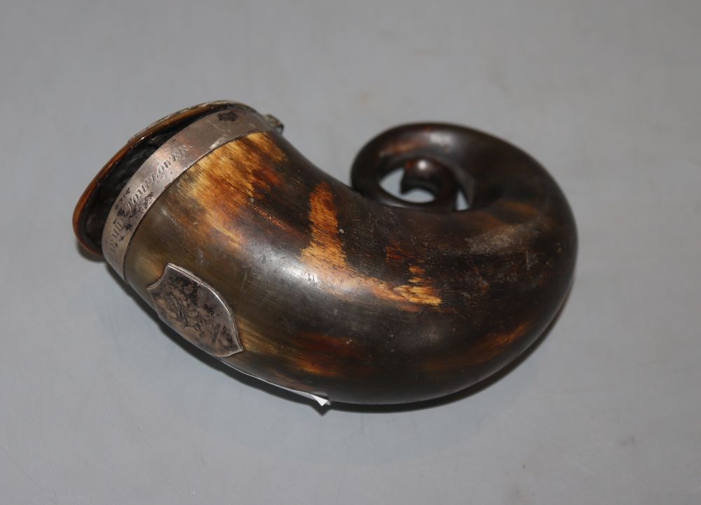 A 19th century Scottish white metal mounted horn snuff mull,